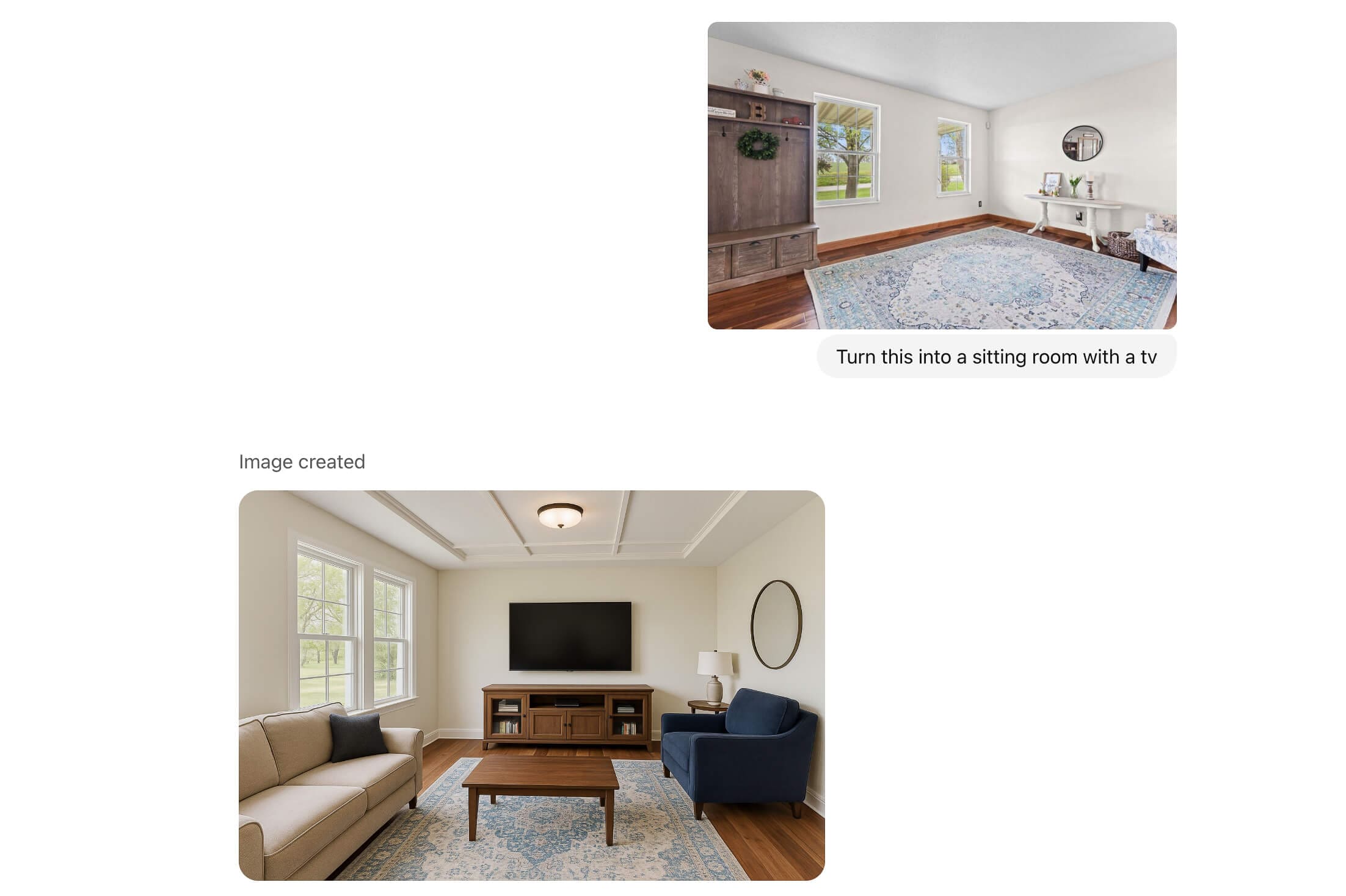 Cozy sitting room makeover with a mounted TV, wood media console, beige sofa, navy armchair, round wall mirror, and blue patterned rug.