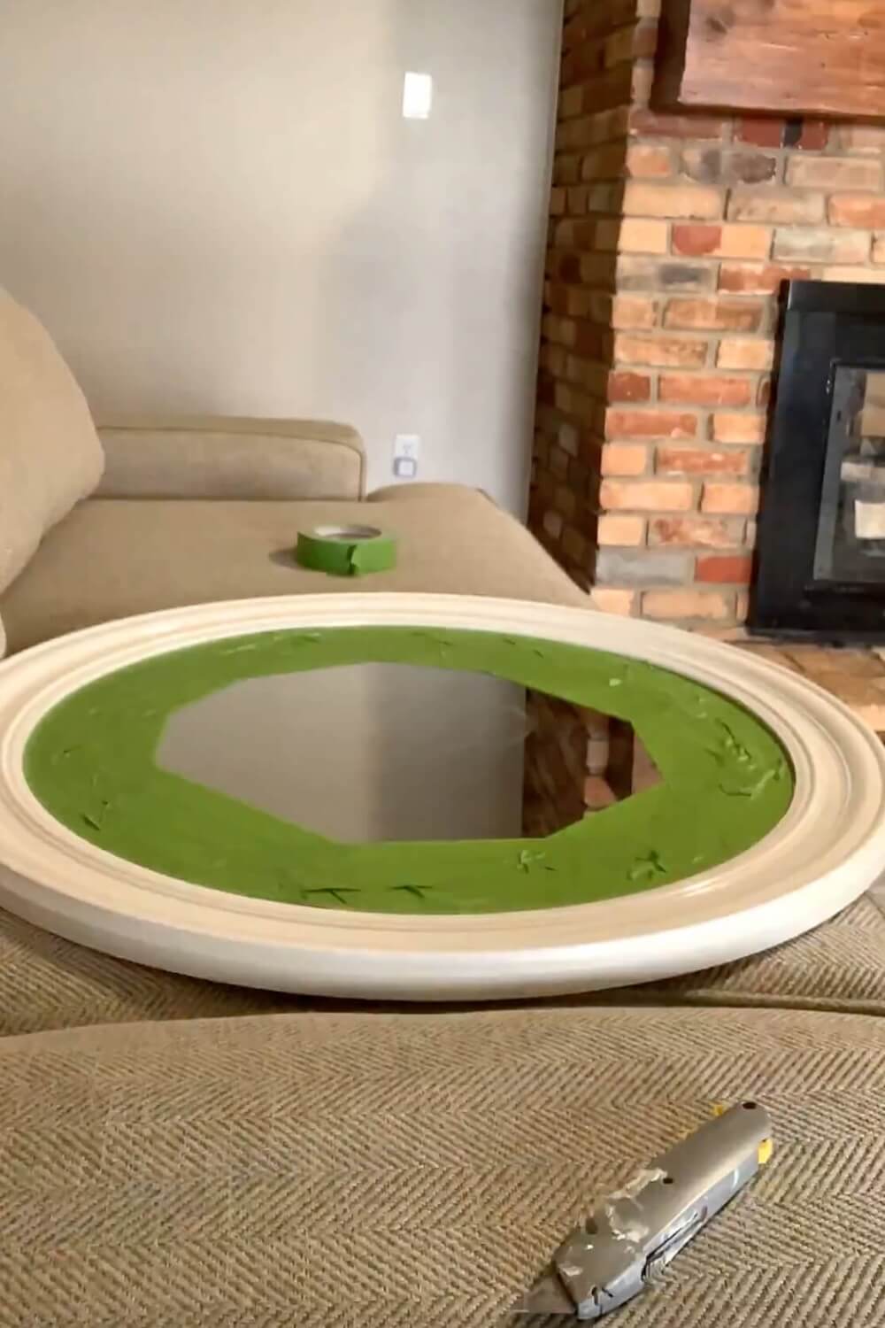 Mirror taped off and prepped for gold frame paint