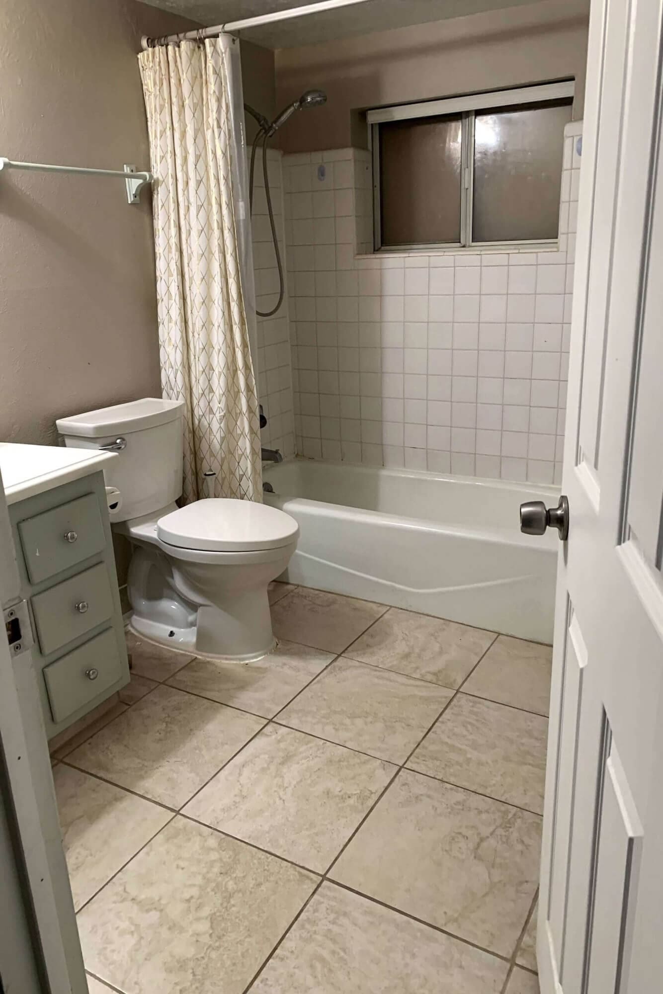 Basement bathroom before remodel with dated vanity and shower