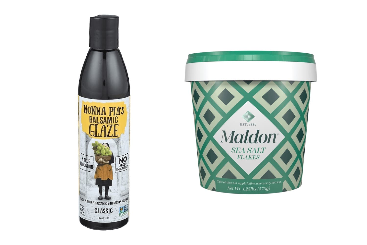 Two products I highly recommend for cooking—Nonna Pia’s balsamic glaze and Maldon sea salt flakes, the best options for flavor and quality.