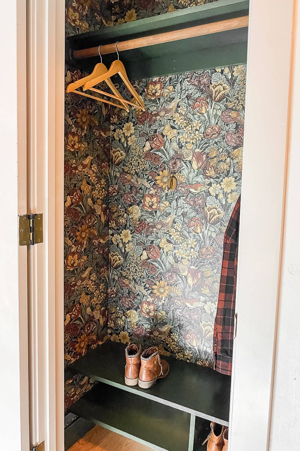hall coat closet makeover with vintage floral wallpaper, green shelf, and boots