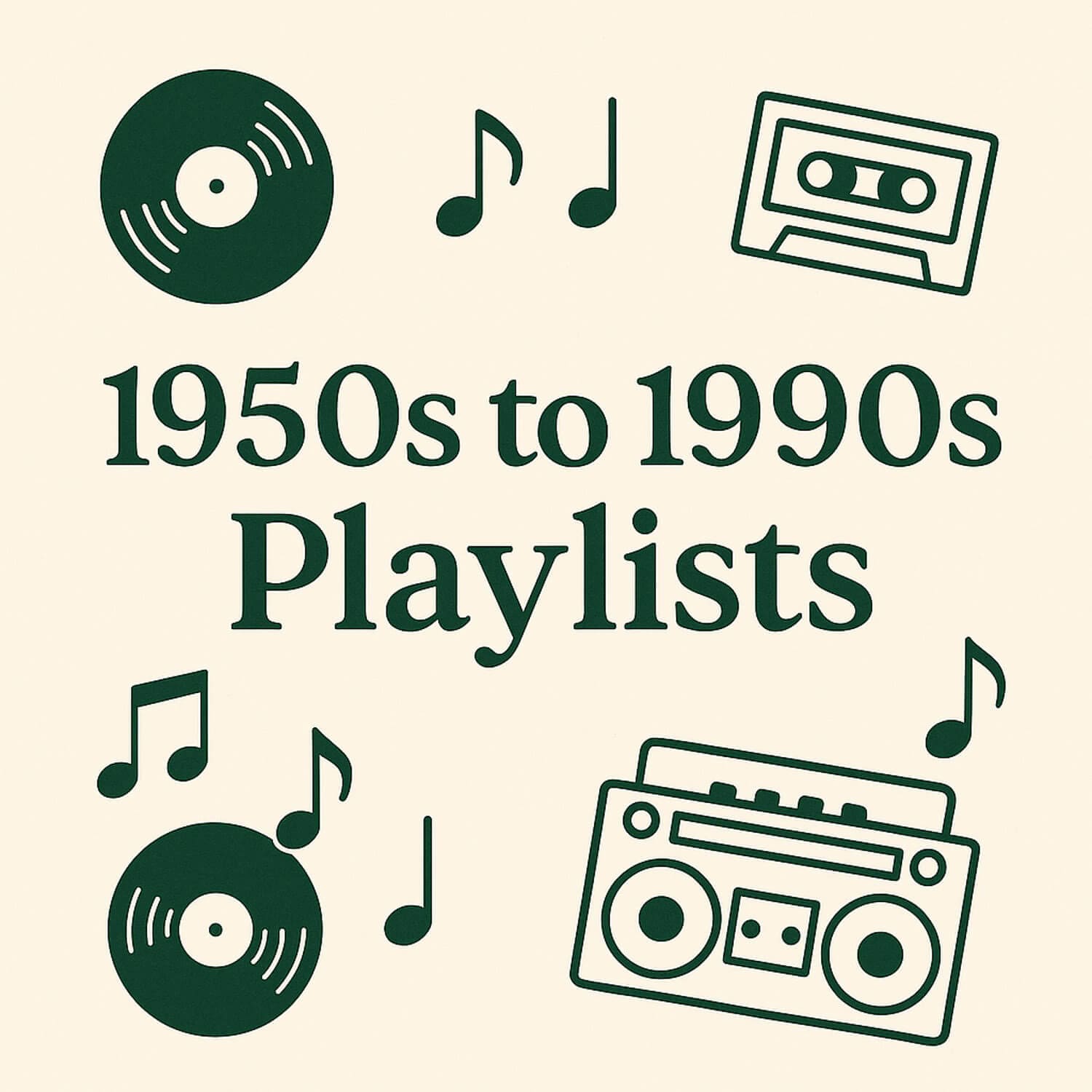 Square featured image for family friendly playlists by decade, 1950s to 1990s, showing retro record, cassette, boombox, and music note icons.