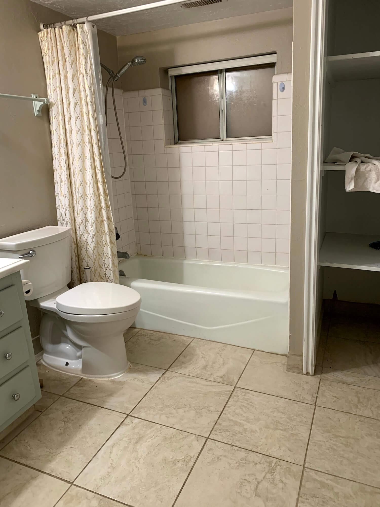 Small bathroom before the remodel showing the original vanity, toilet, and dated shower tile.