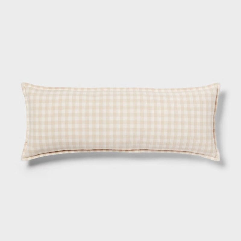 beige gingham lumbar pillow, neutral accent for cozy fall bedding in a guest room refresh.