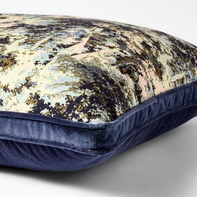 navy velvet trim throw pillow with abstract print, layered accent for cozy fall bedding