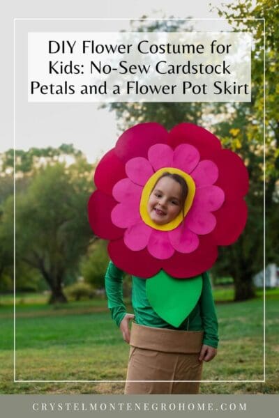 DIY flower costume for kids, no-sew cardstock petals and flower pot skirt - pin for later