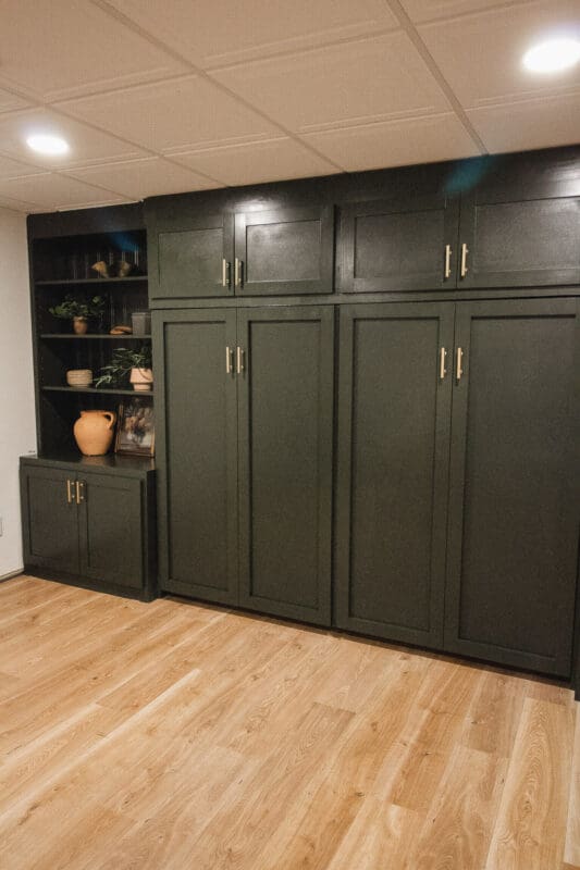 dark green built-in cabinets with side shelves concealing a horizontal murphy bed in a basement guest space