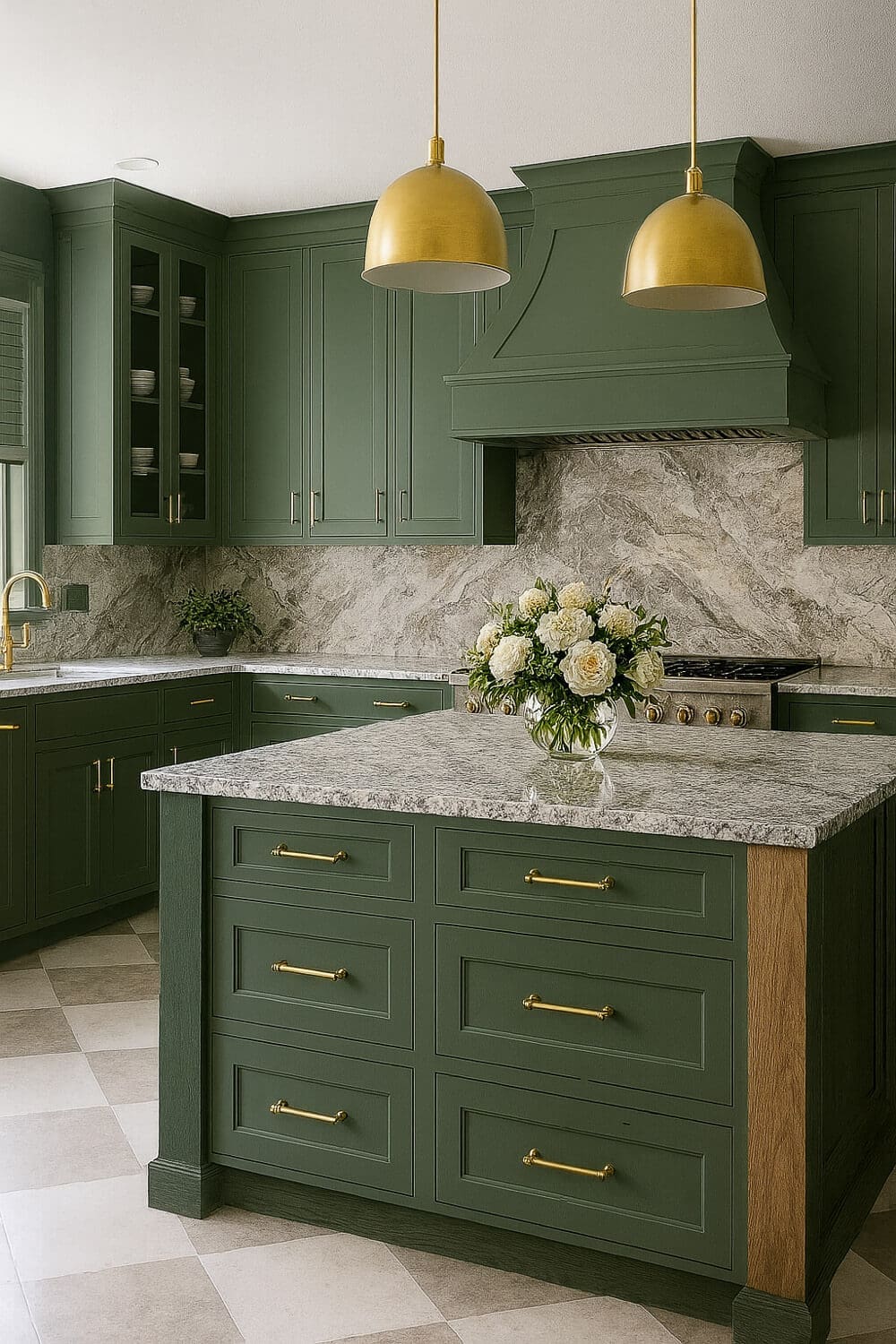 AI kitchen design inspiration I made with ChatGPT featuring deep green cabinets, brass hardware and dome pendants, a marble-look backsplash and countertops, and a large island styled with white flowers.