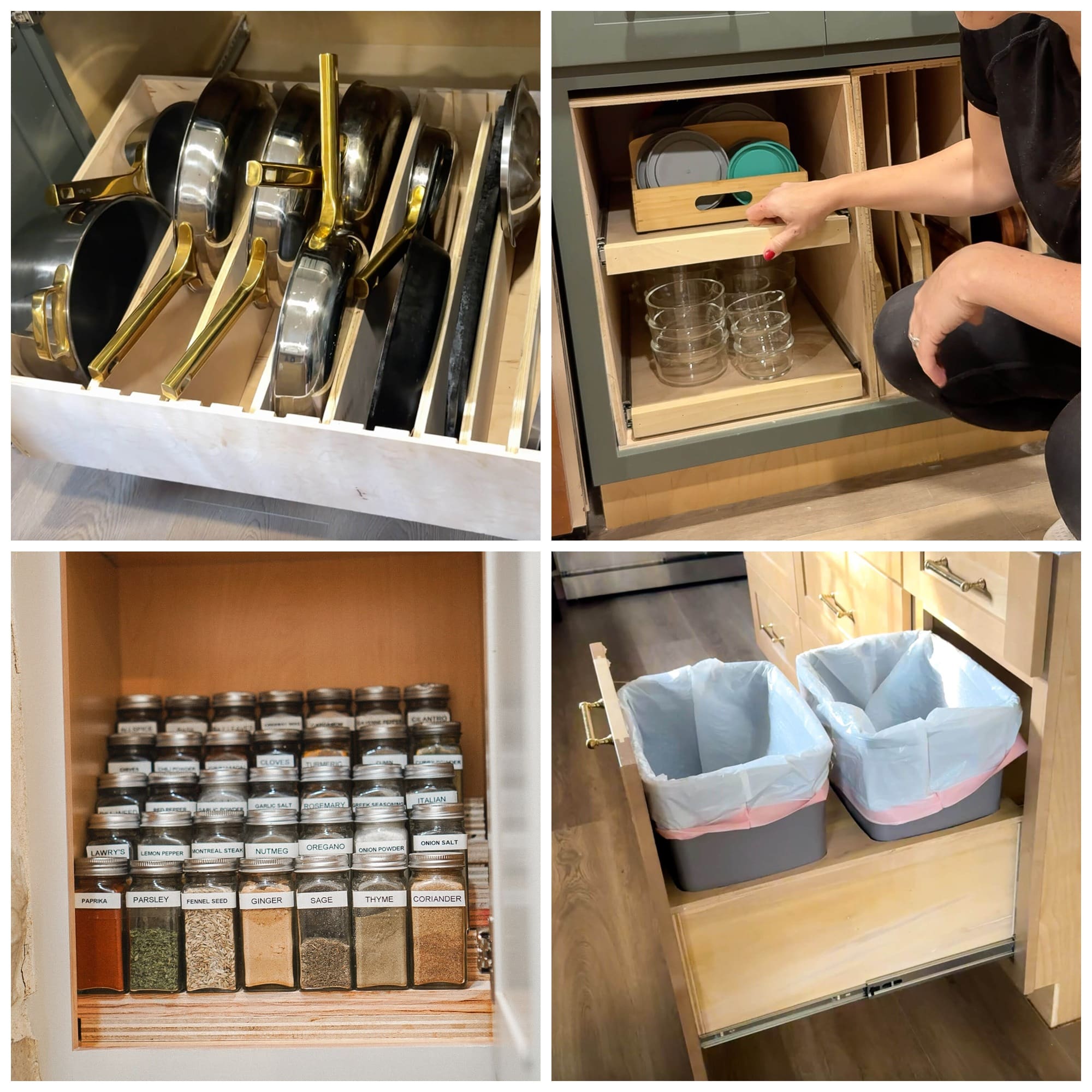 Square collage of DIY kitchen organization projects including a slide-out pots and pans drawer, pull-out cabinet storage for glass food containers, a tiered spice rack, and a pull-out double trash can cabinet.