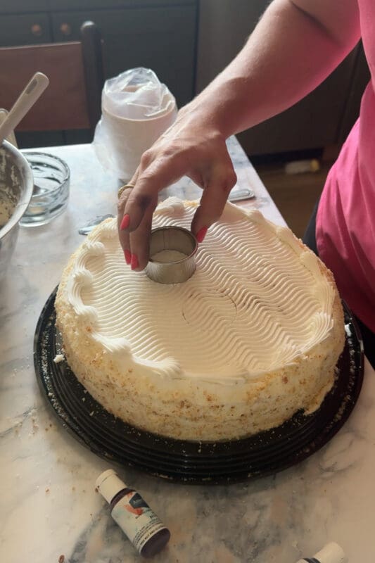 Decorating a plain white costco cake to make a DIY child's birthday cake