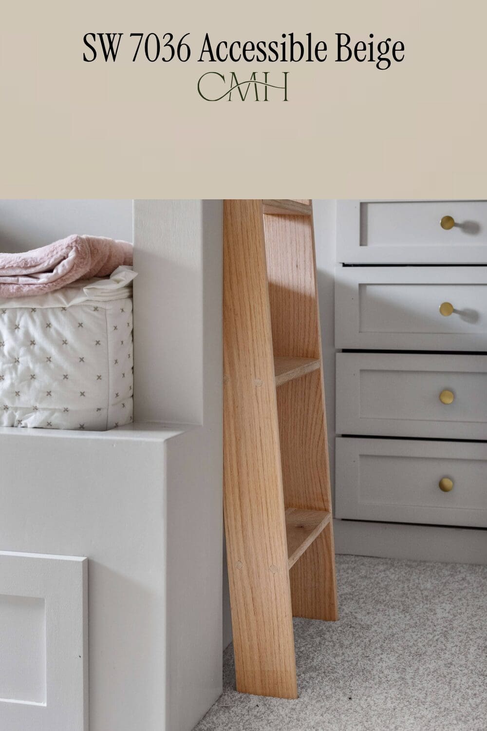 SW 7036 Accessible Beige paint color on custom bunk bed and built-in dresser with gold hardware