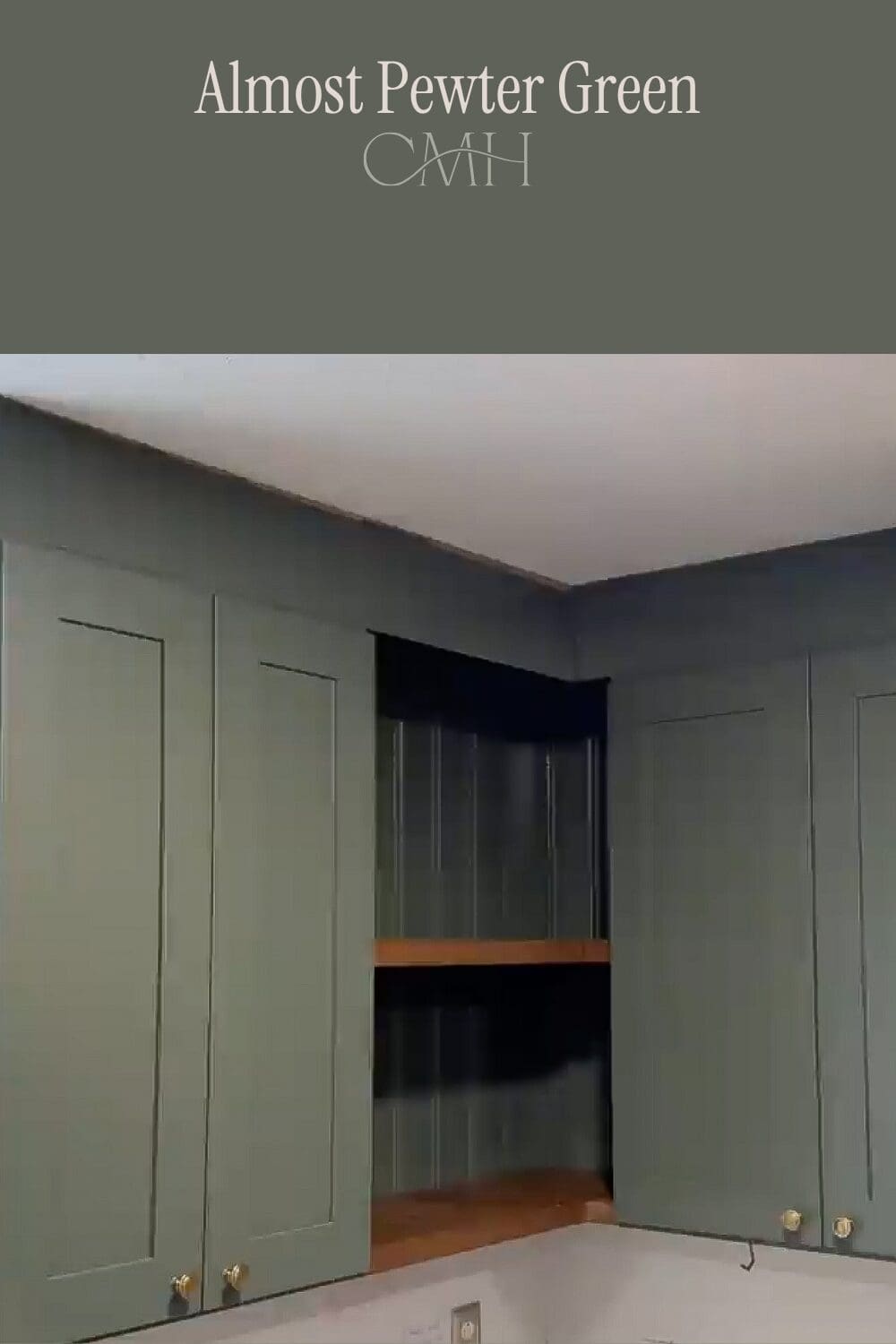 Almost Pewter Green custom color match on St. Louis home kitchen cabinets with gold hardware