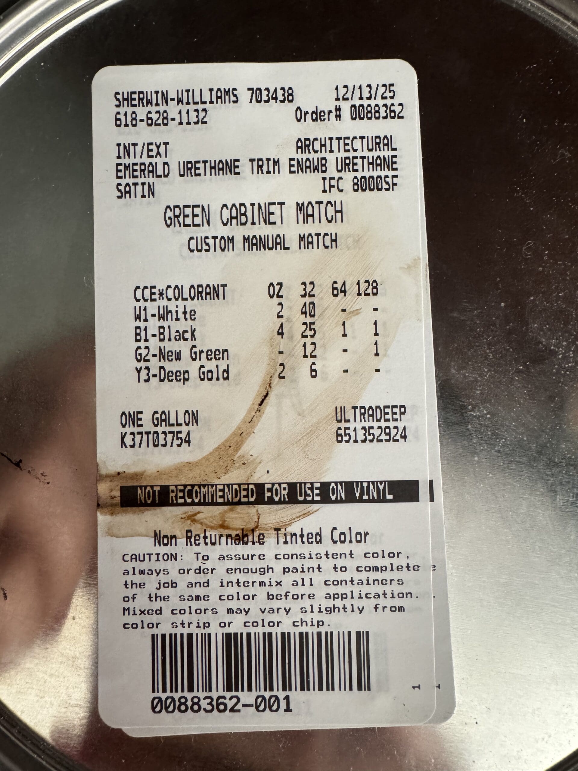 Almost Pewter Green custom cabinet color match paint label from Sherwin Williams Emerald Urethane Trim Enamel satin finish