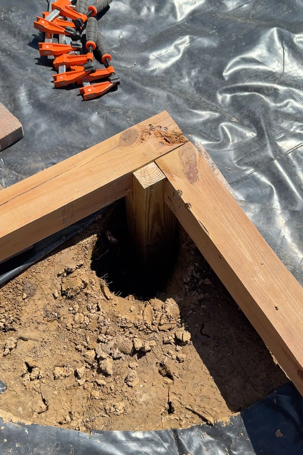 Corner of a backyard greenhouse foundation under construction, showing a pressure-treated 4x4 post set into a dug hole with a wood frame clamped in place on black landscape fabric.