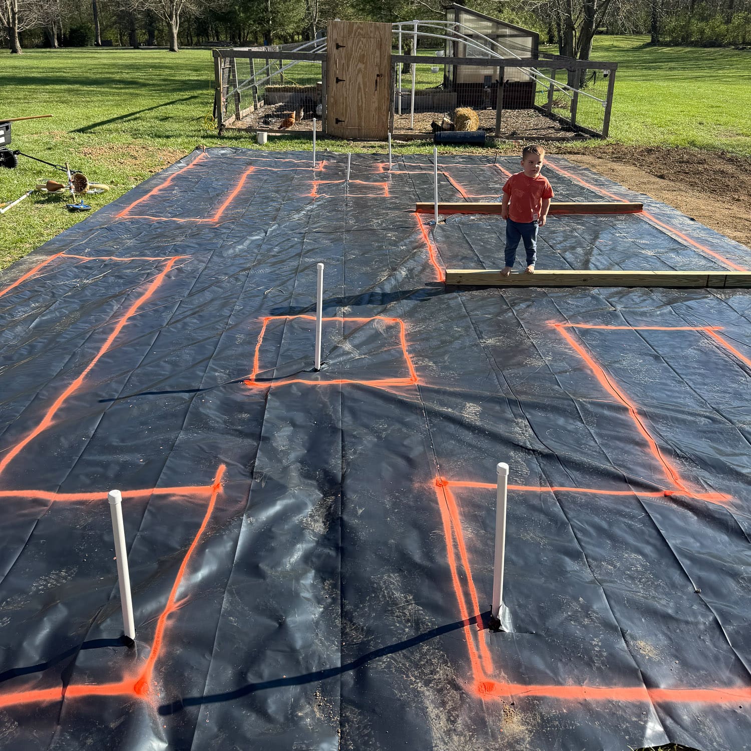 Black plastic weed barrier laid over leveled ground for garden beds with layout marked for raised bed placement