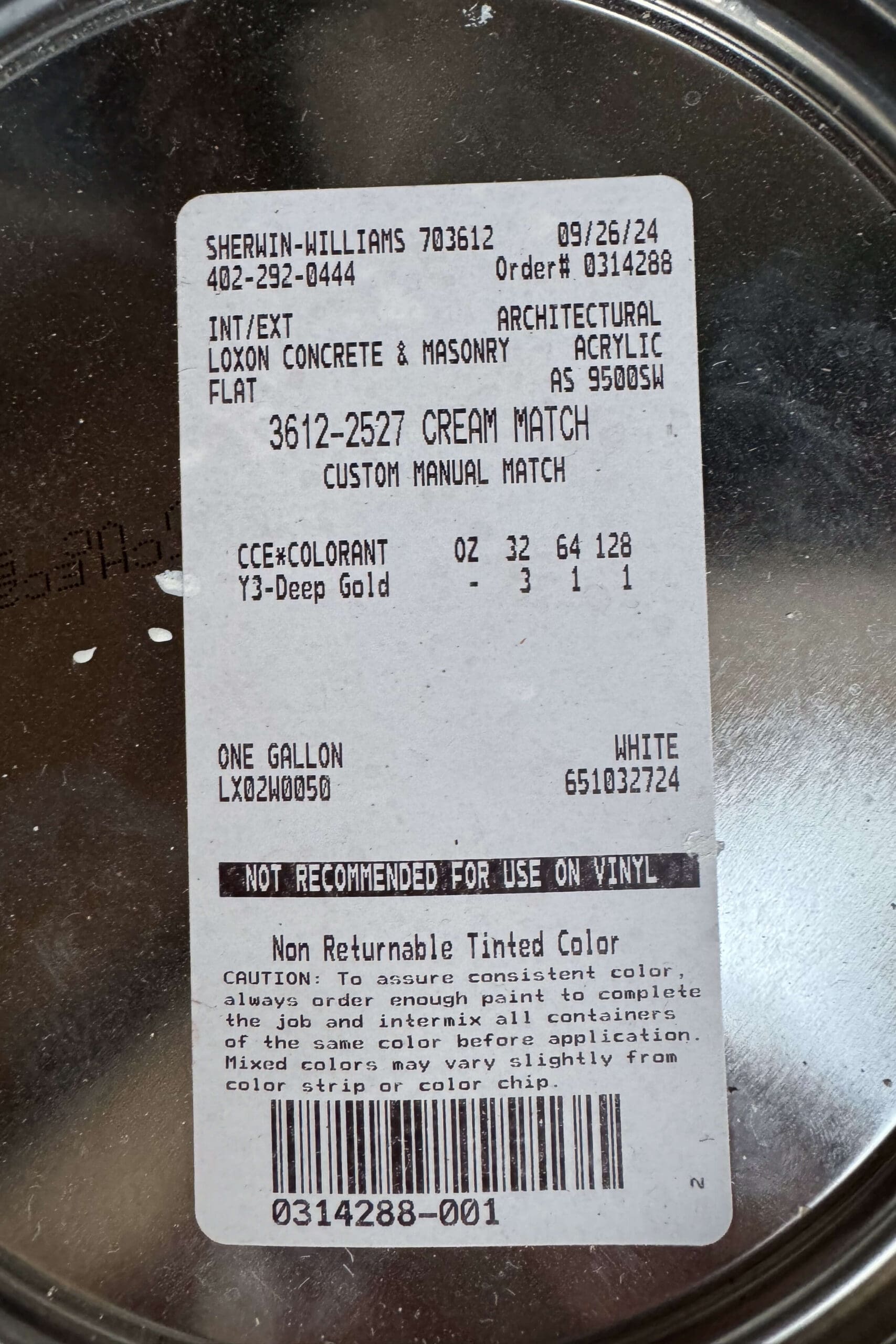 Cream Match custom color match paint label from Sherwin Williams Loxon Concrete and Masonry flat finish