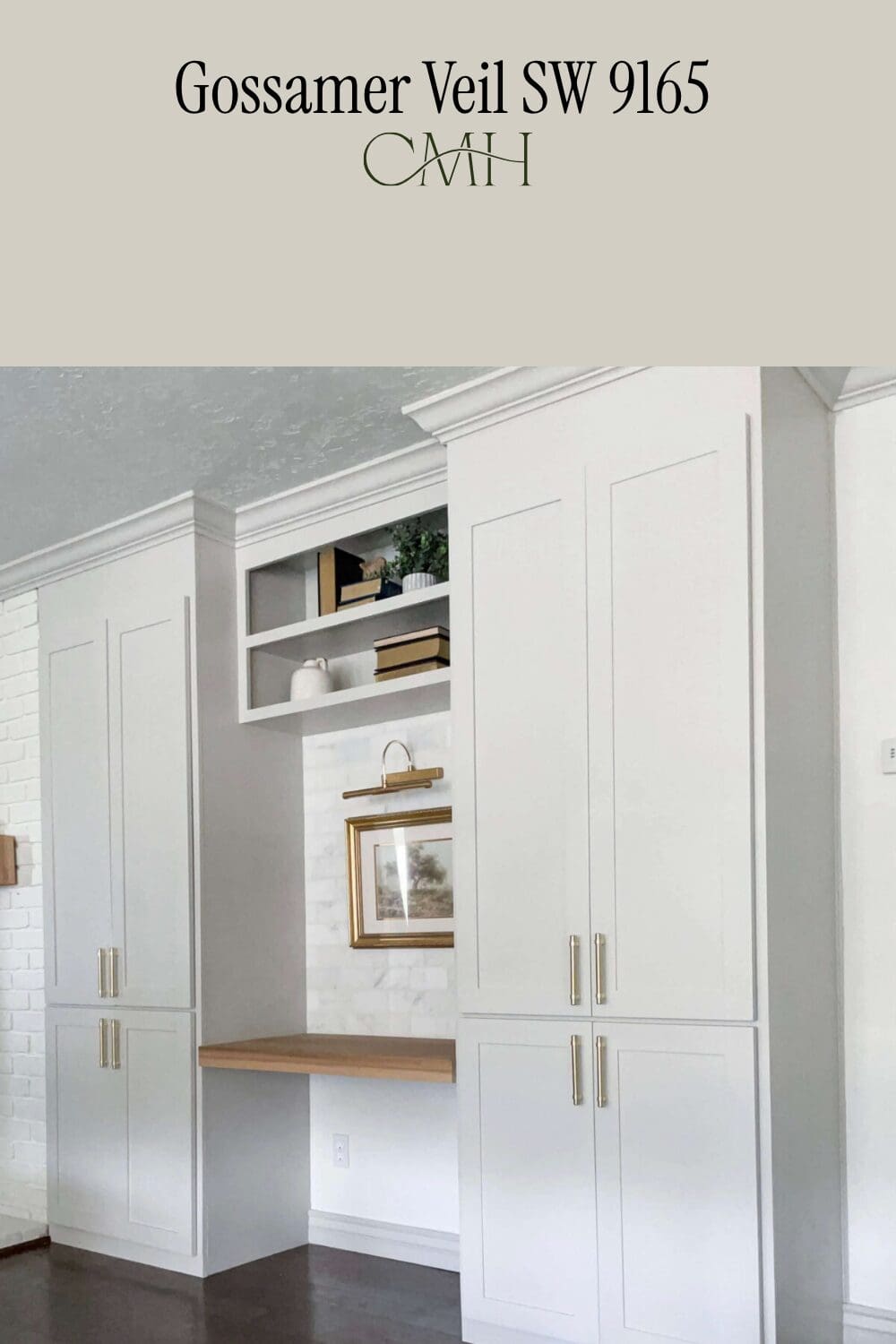 SW 9165 Gossamer Veil paint color on custom home office built-in desk and cabinets with gold hardware