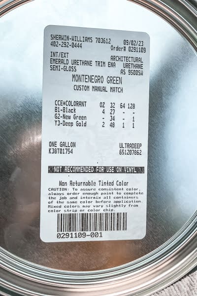 Montenegro Green custom paint color formula label from Sherwin Williams Emerald Urethane Trim Enamel semi-gloss