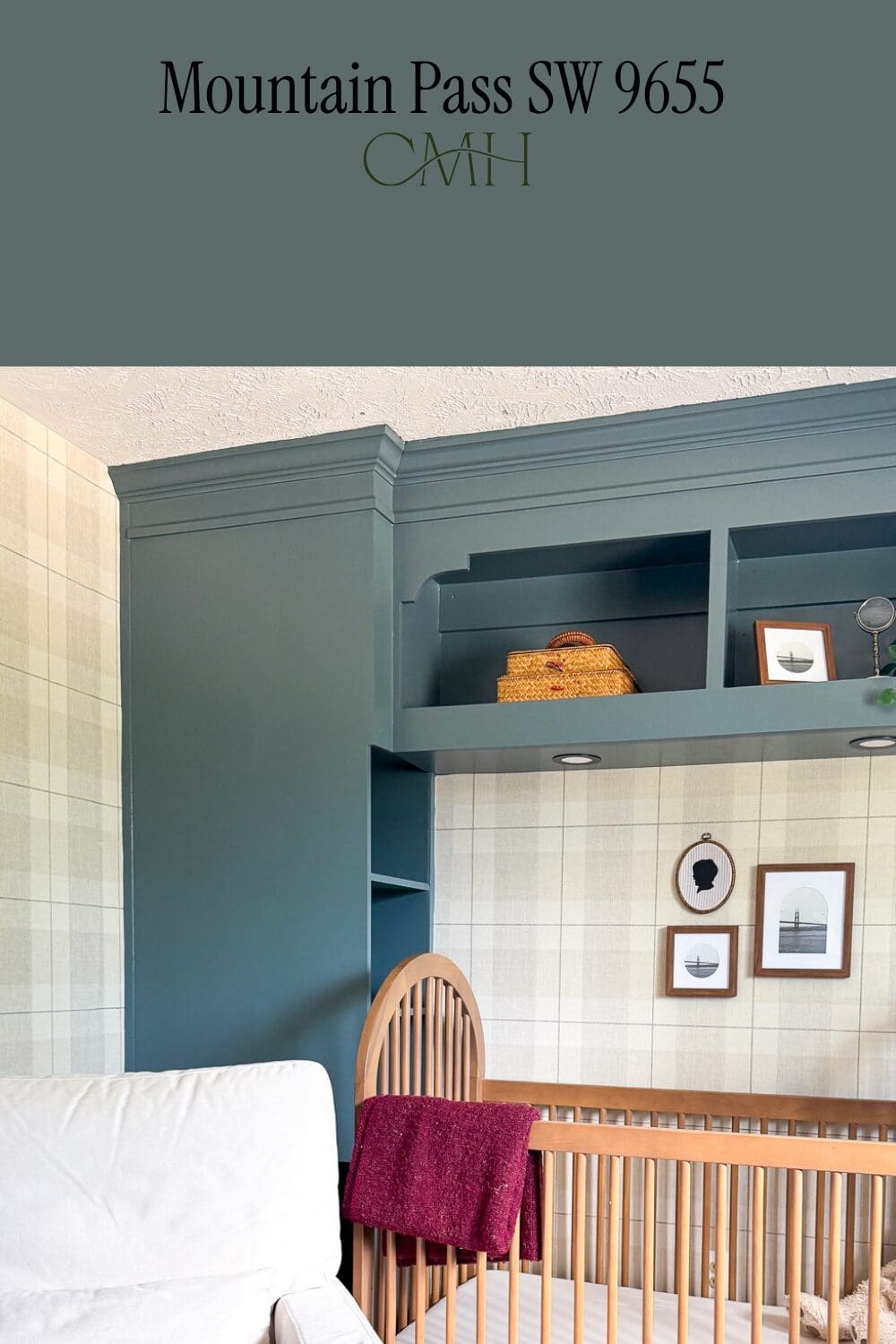 SW 9655 Mountain Pass paint color on custom nursery bed surround with crown moulding and tan plaid wallpaper