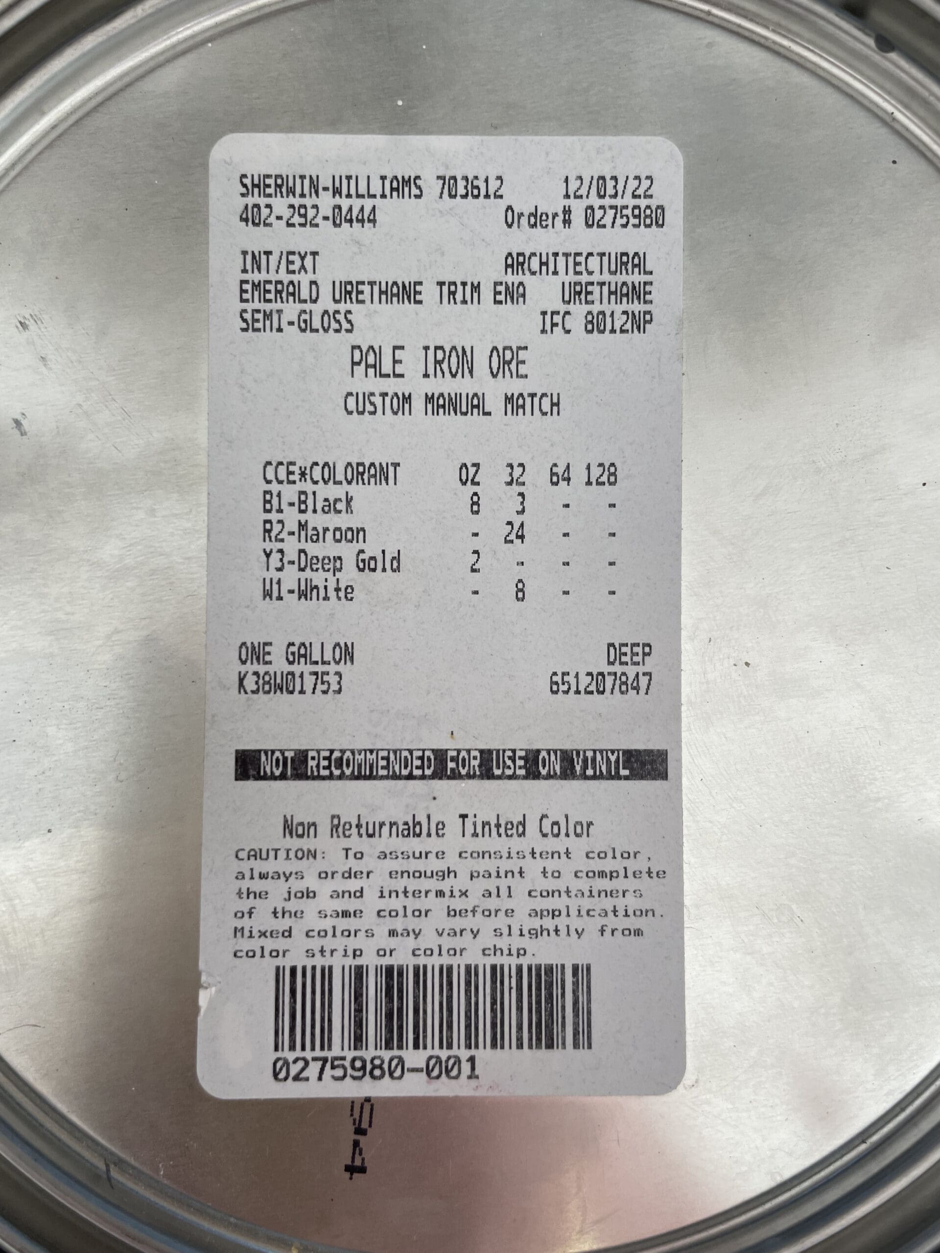 Pale Iron Ore custom paint color formula label from Sherwin Williams Emerald Urethane Trim Enamel semi-gloss