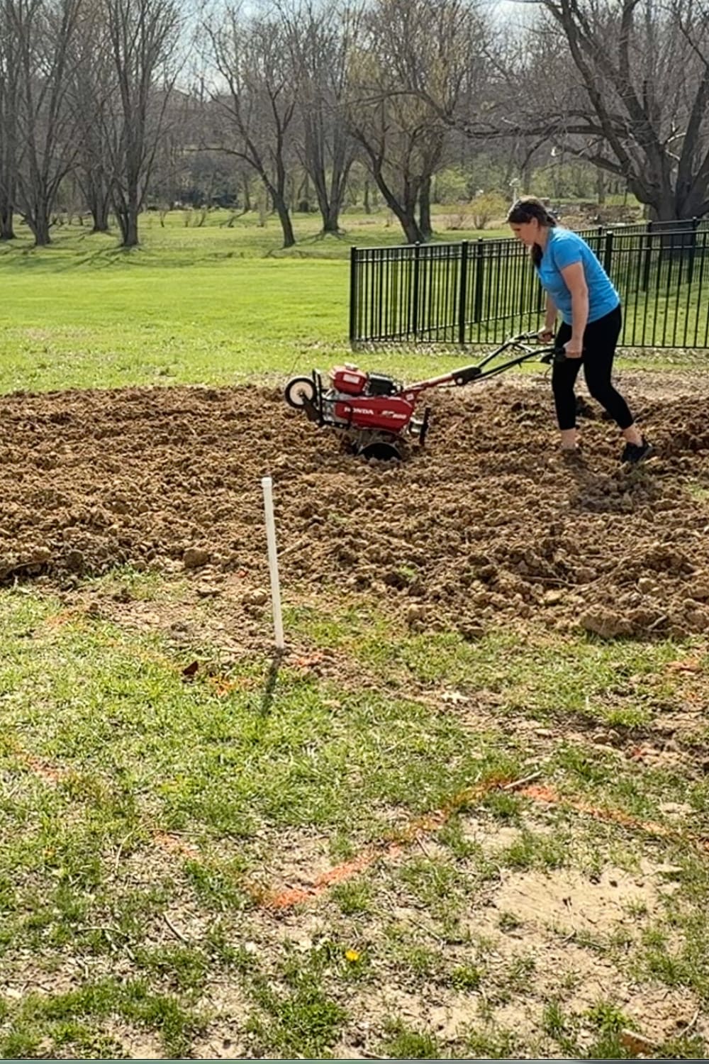 Using a rototiller to break up hard clay soil.