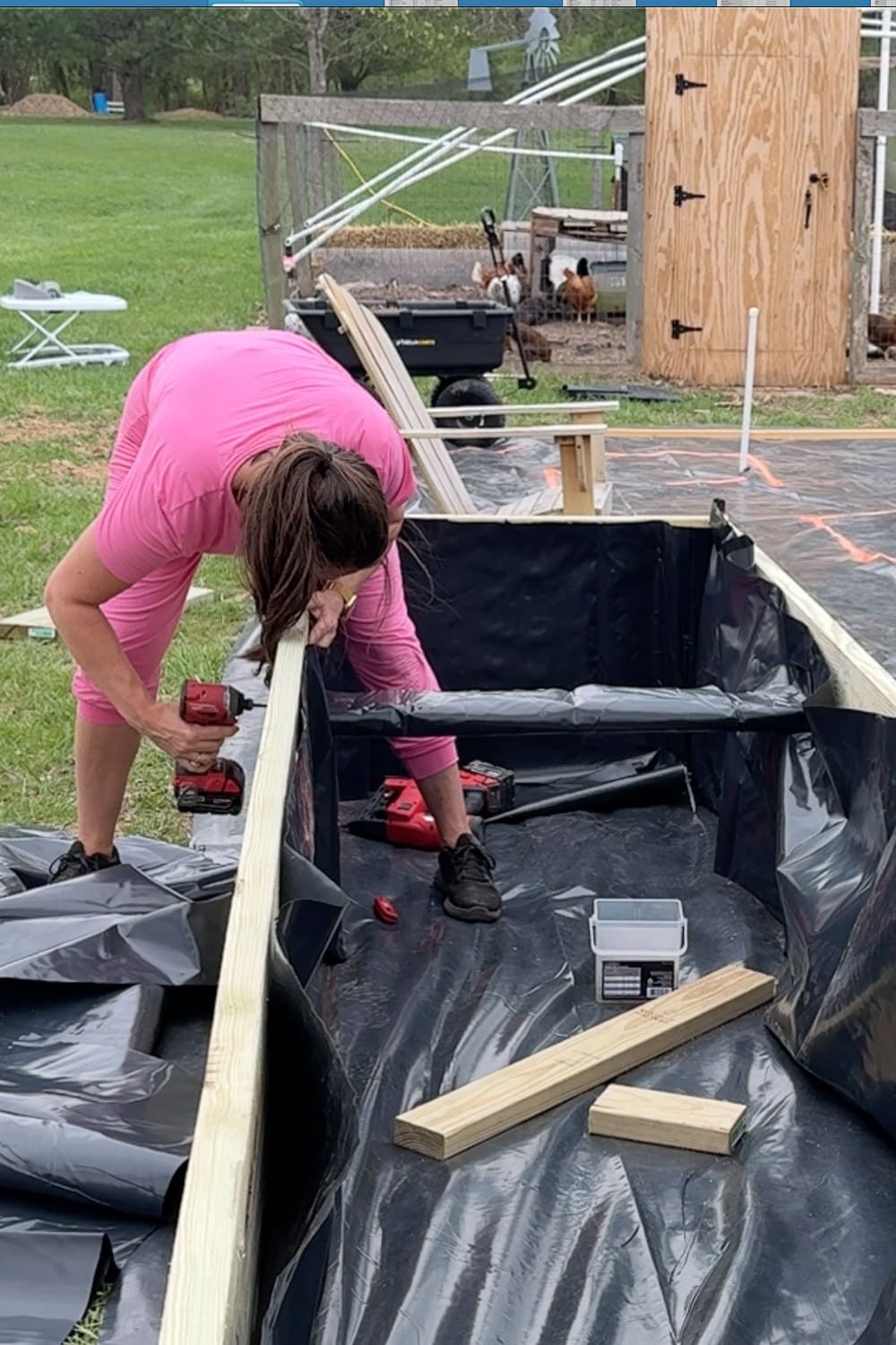 A woman in a pink outfit stands inside a large raised garden bed frame and uses a red impact driver to secure the top cap board along the edge, with power tools, screws, and lumber scattered on the black liner below and free-range chickens near the coop in the background.