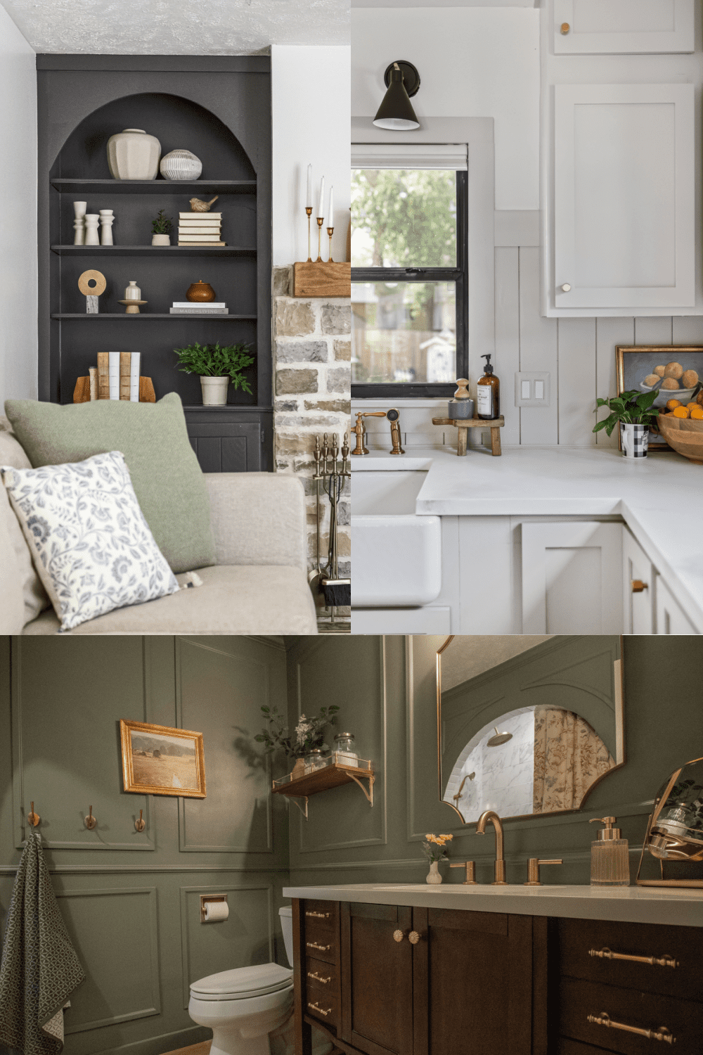 Crystel's signature paint colors collage featuring Pale Iron Ore living room built-in, Alabaster kitchen, and Dried Thyme bathroom with gold hardware