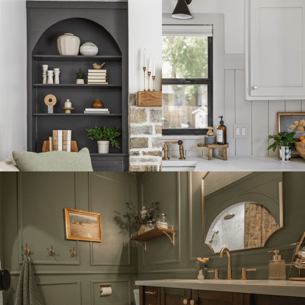 Crystel's signature paint colors including Pale Iron Ore built-in bookshelf, Alabaster kitchen cabinets, and Dried Thyme guest bathroom