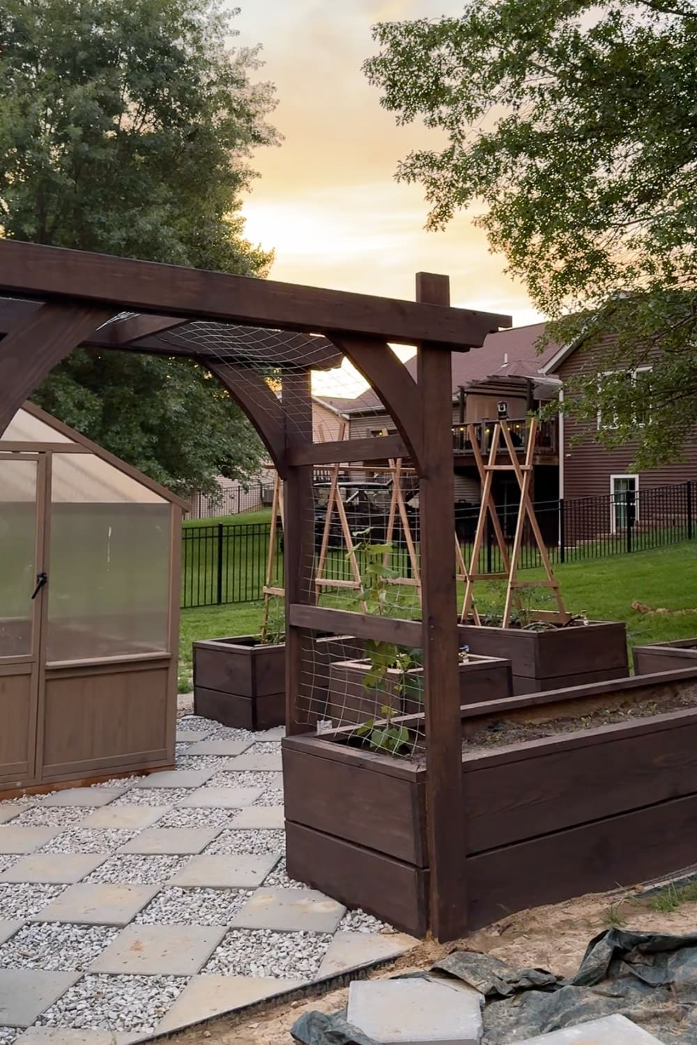 DIY tomato trellises in stained raised garden beds at sunset, with a wooden arched pergola, paver path, and greenhouse in a backyard cottage garden