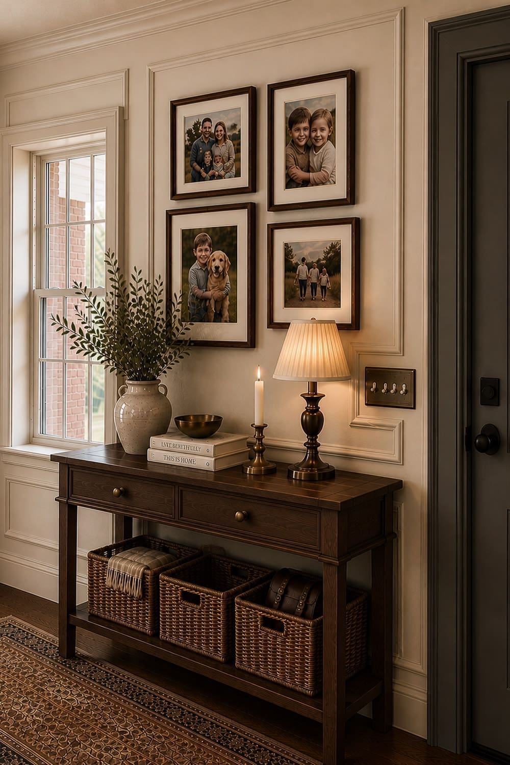 Entryway decor inspiration with a dark wood console table, gallery wall of family photos, brass lamp, and woven baskets
