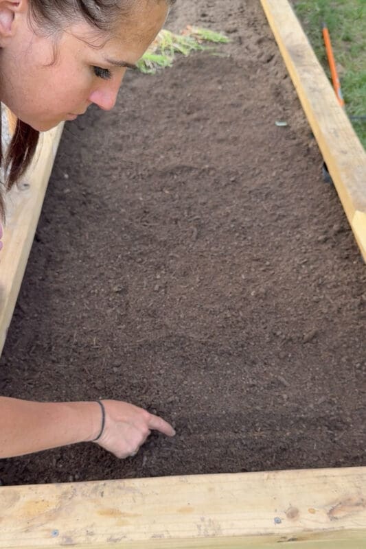 Mom leaning over a freshly filled wooden box, carefully pressing seeds into the dark, smooth top layer of soil 