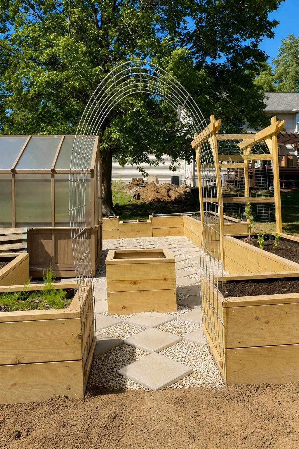Tall arched garden trellis for climbing plants spanning a paver and gravel walkway in a raised bed vegetable garden