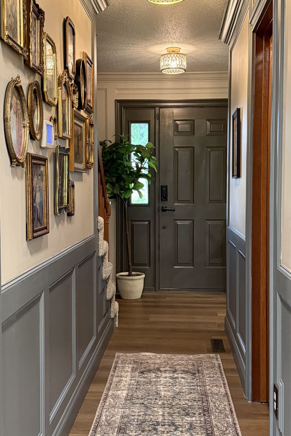 Finished narrow hallway with a mismatched gold gallery wall, gray-green moulding, and a runner leading to a moody dark front door