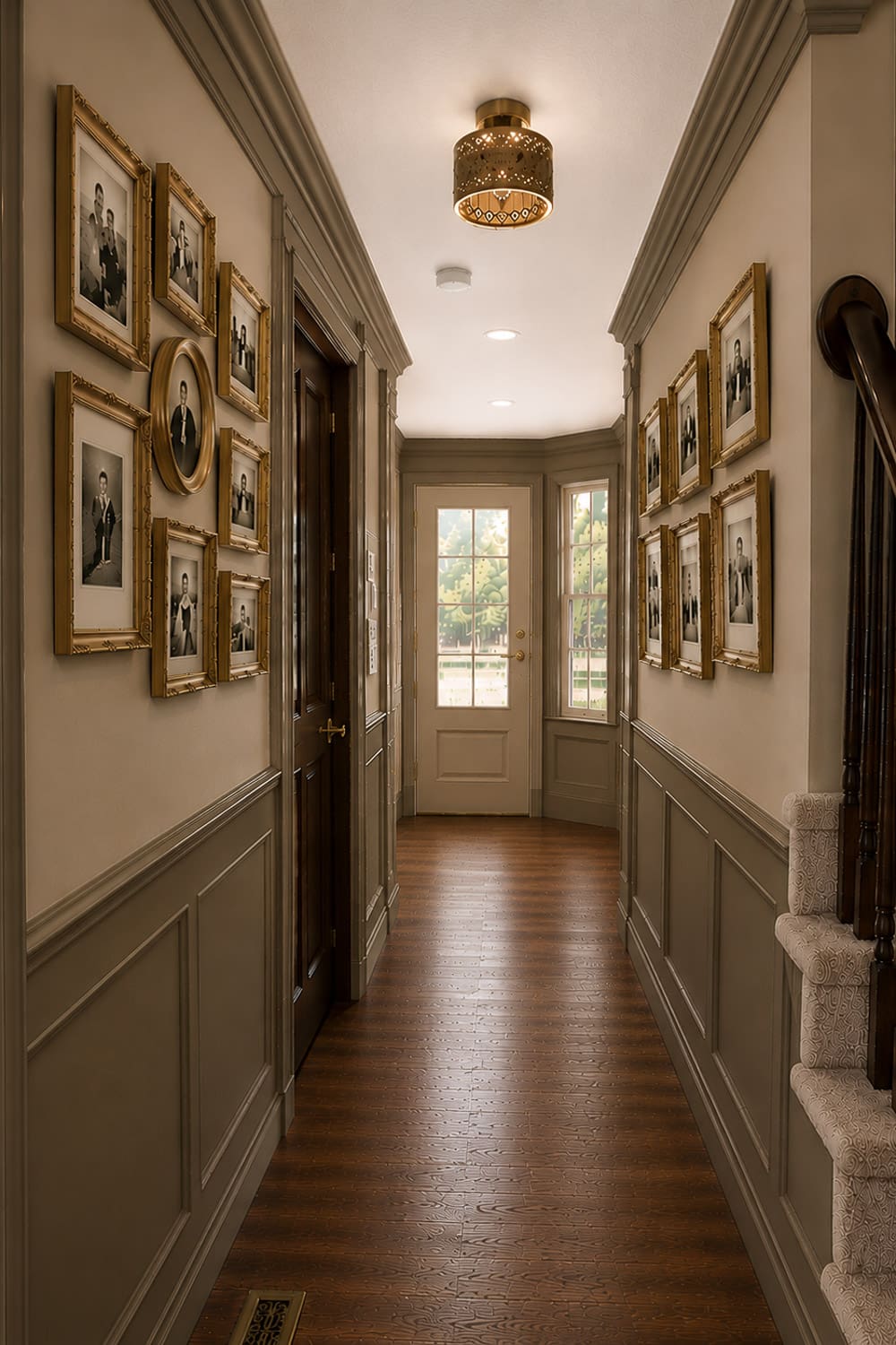 Inspiration image for a narrow hallway makeover with a gold-framed gallery wall, beige wainscoting, and a bright doorway