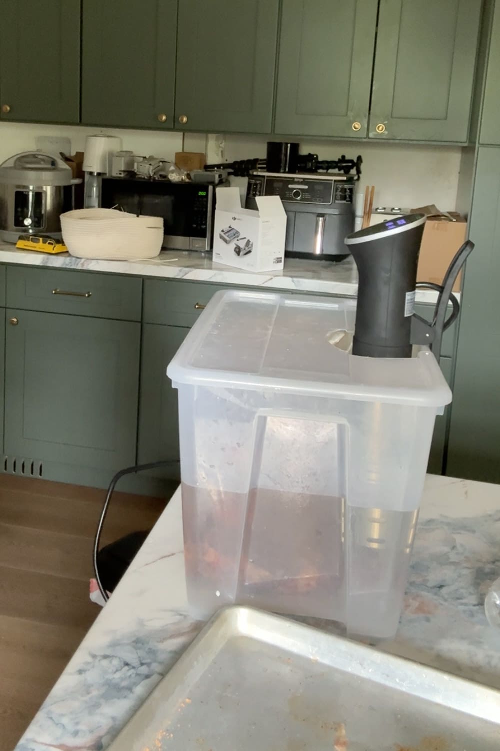 Immersion circulator clamped to a clear plastic tote filled with water to cook steak sous vide