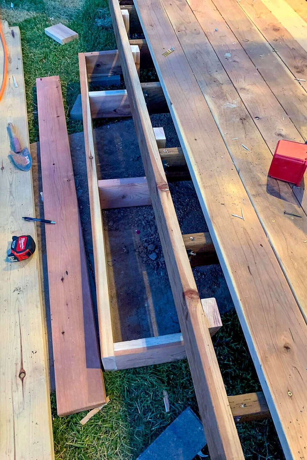 Assembled porch box step frame with inner cross supports, ready to set in place.