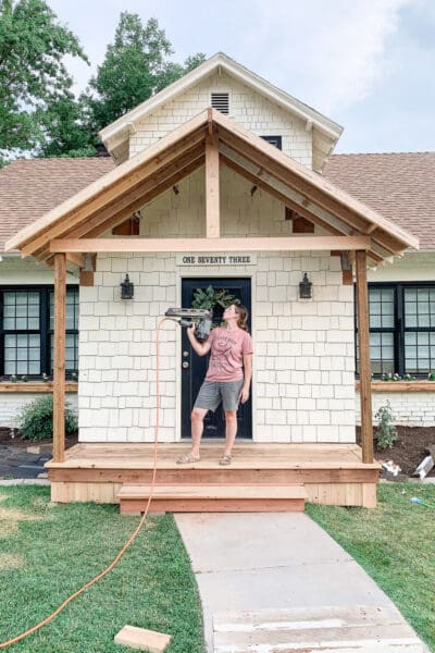 Finished porch roof framing on a DIY front porch — how to build a porch roof