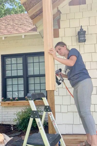 Wrapping a porch post with cedar boards using a brad nailer