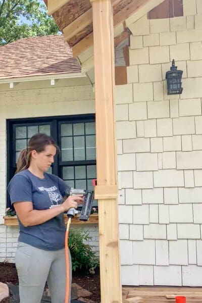 Mitered cedar column wraps for finished porch roof support posts