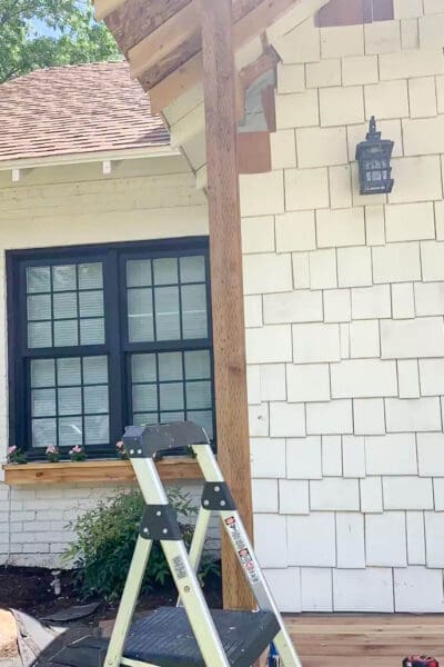 Wrapping pressure-treated posts with cedar boards for porch roof columns