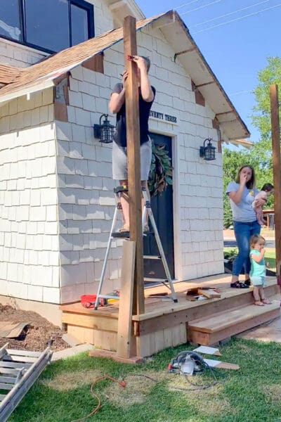 Trimming 4x4 post to exact height for building a porch roof frame