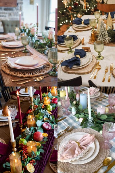 Four photo collage of Valentine's, Christmas, Thanksgiving, and Easter tables with layered plates, candles, and greenery, seasonal tablescape ideas for every holiday