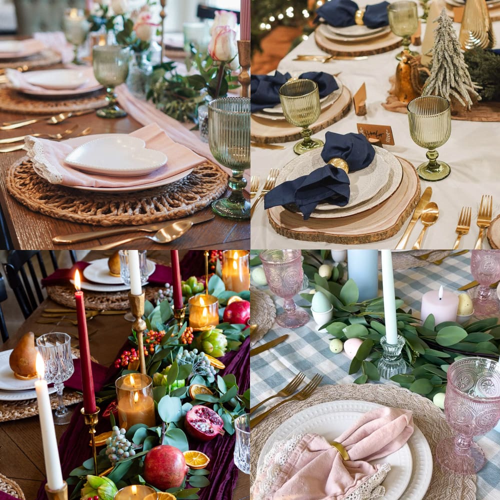Square four photo collage of holiday tables set with layered plates, gold flatware, candles, and greenery