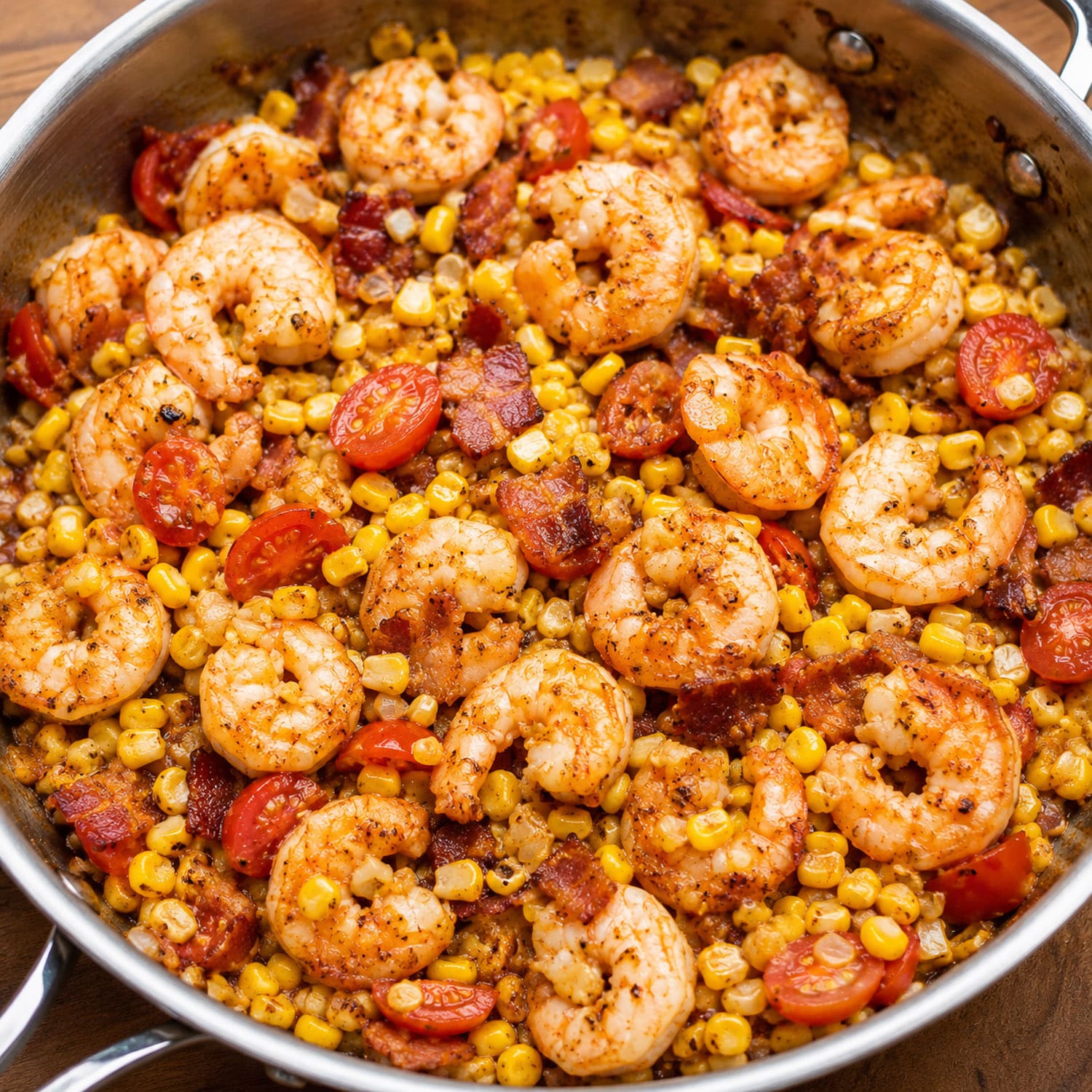 Shrimp and corn succotash in a stainless steel skillet with crispy bacon, sweet corn kernels, and halved cherry tomatoes