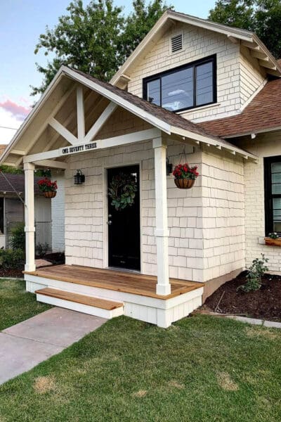 How to build a porch roof: finished gable roof design with decorative wood bracket detail