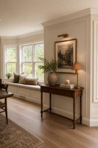 inspiration image of a built in bench under a bay window with a cushion, throw pillows, and a paneled front beside a wood console table