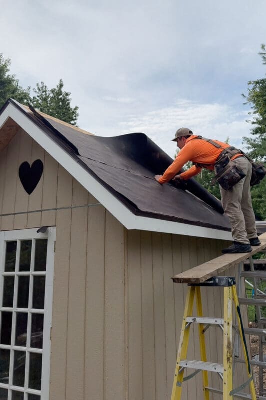 Man standing on a plank scaffold rolling black roofing underlayment across the sheathing of a chicken coop roof above the white fascia trim