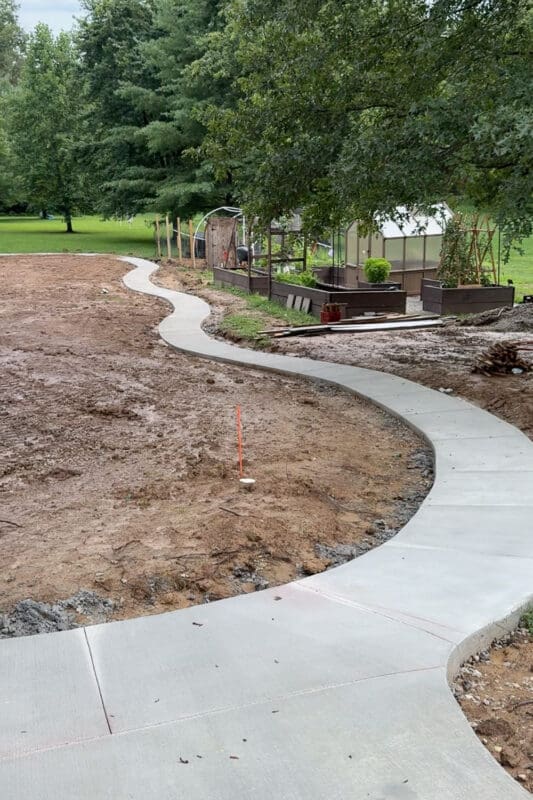 Finished concrete path in the backyard winding in an S curve past raised garden beds and a greenhouse, with control joints visible in the fresh gray surface