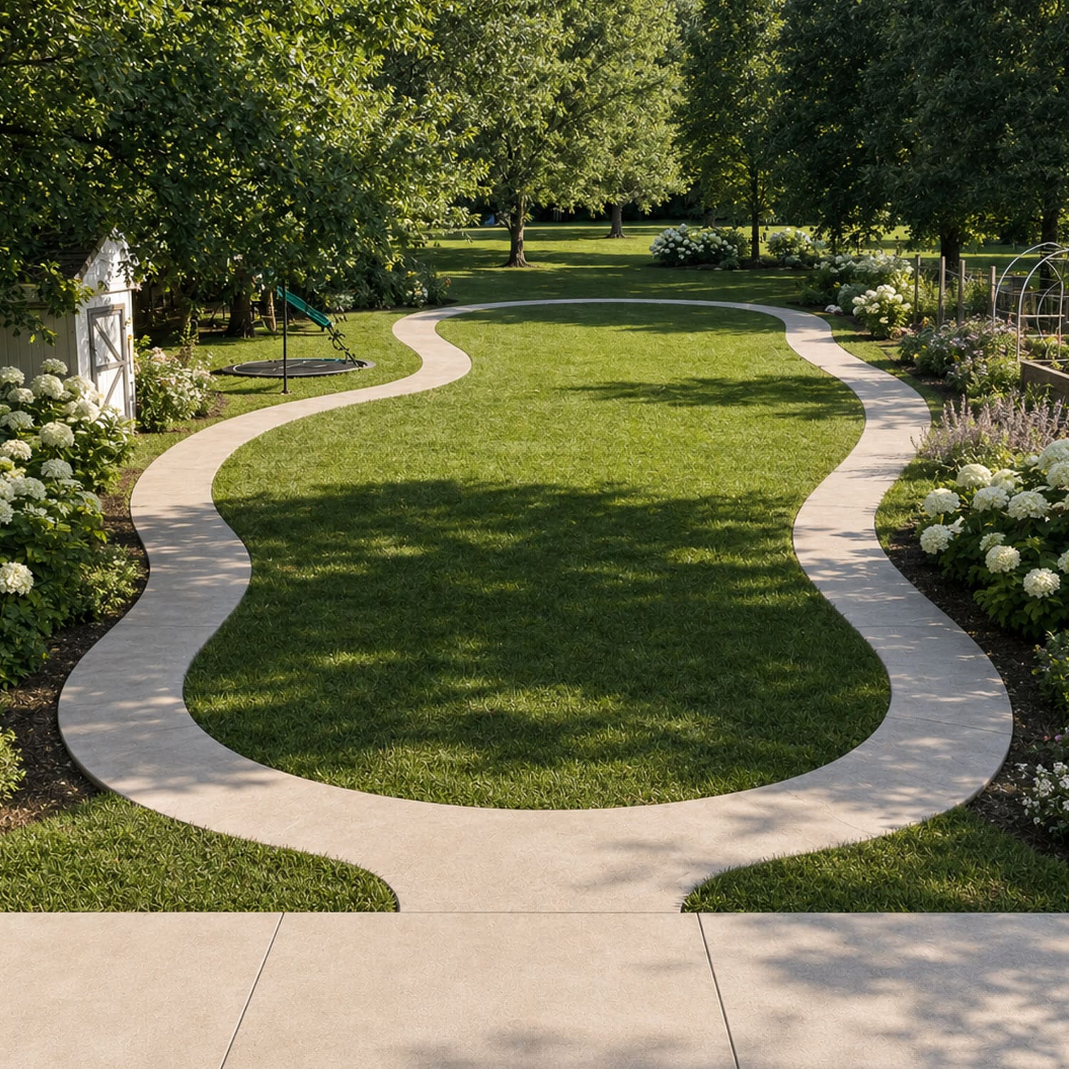 Winding concrete path in a backyard curving in a long loop around a green lawn, with hydrangeas, a shed, and a trampoline along the edges