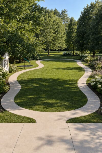 Vertical view of a curving concrete path looping through a backyard lawn, connecting the patio to a garden bed and play area